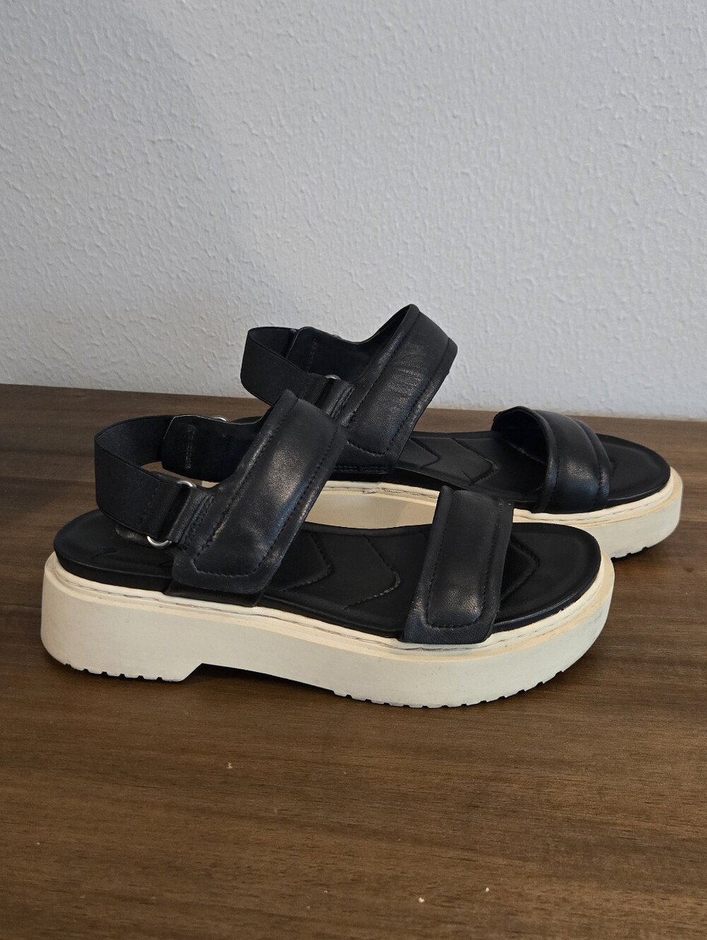 Black leather Franco Sarto platform sandals with off white sole